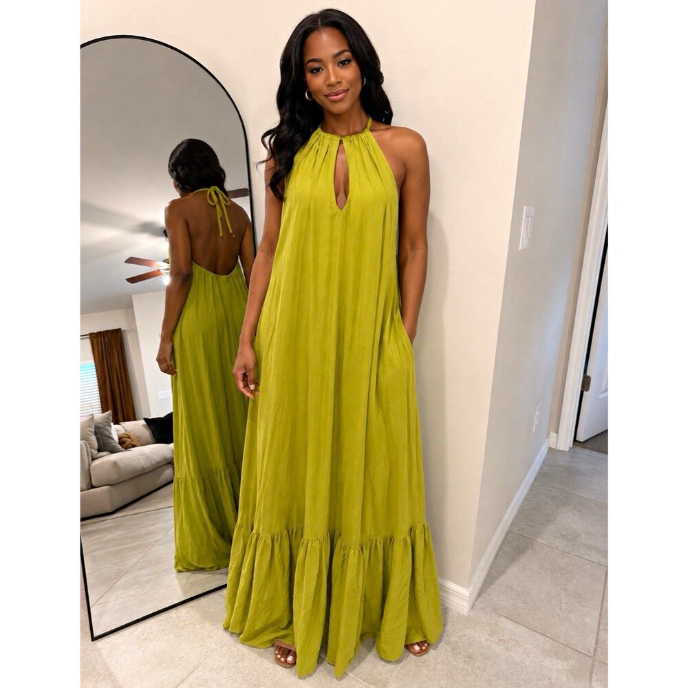 Love & Lemonade Women’s Size S Green Maxi Dress Halter Backless